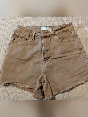 Vervet Blue Khaki Denim Frayed Hem Shorts